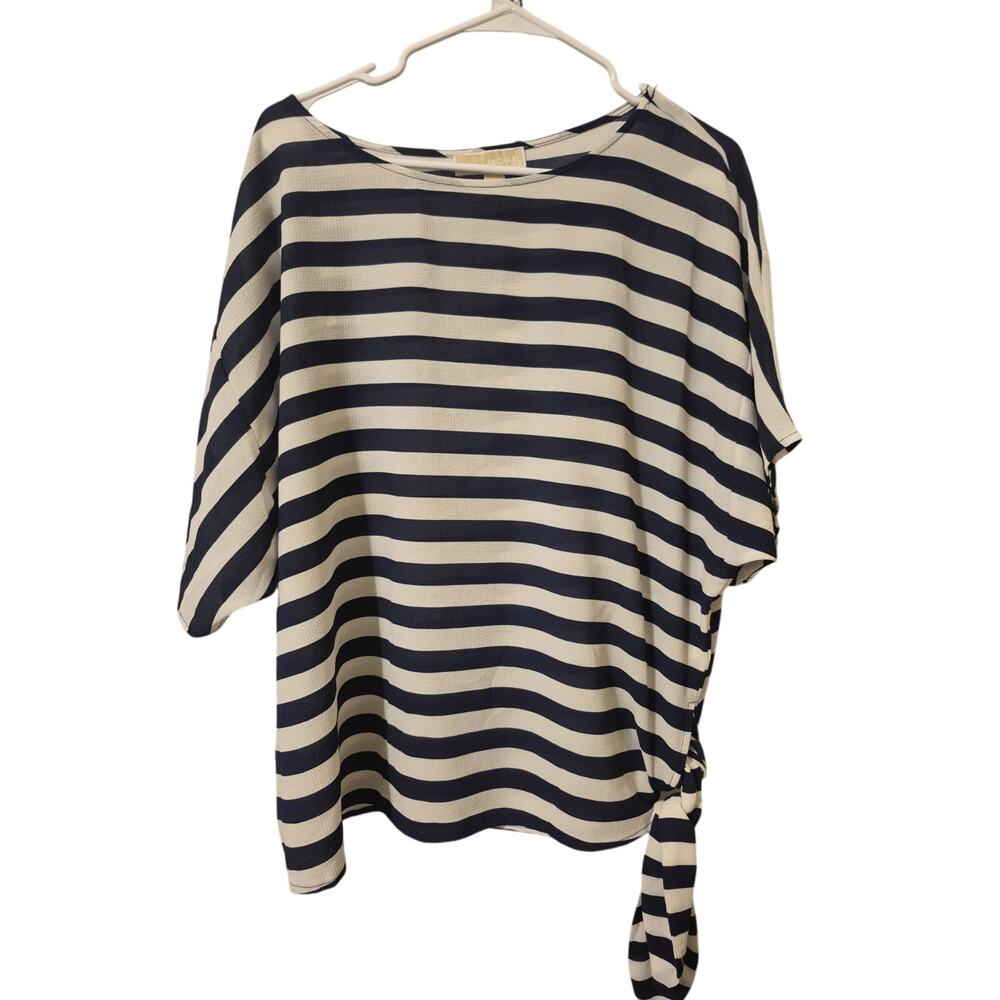 Michael Kors Crinkle Tunic Top Womens 1X Navywhite Stripe 3/4 Sleeve Side Tie - Picture 1 of 6